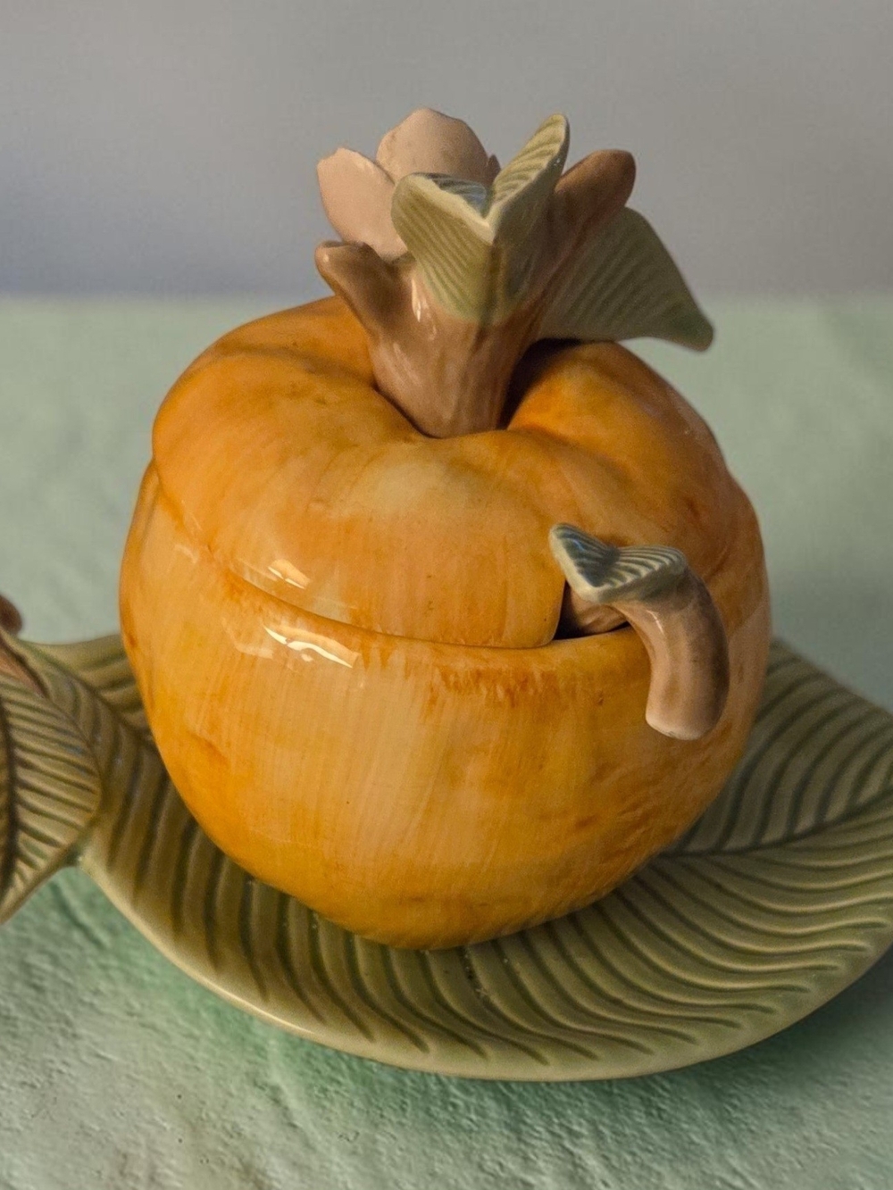 Fitz and Floyd Orange Fruit Covered Jelly Bowl with Leaf Dish, Spoon